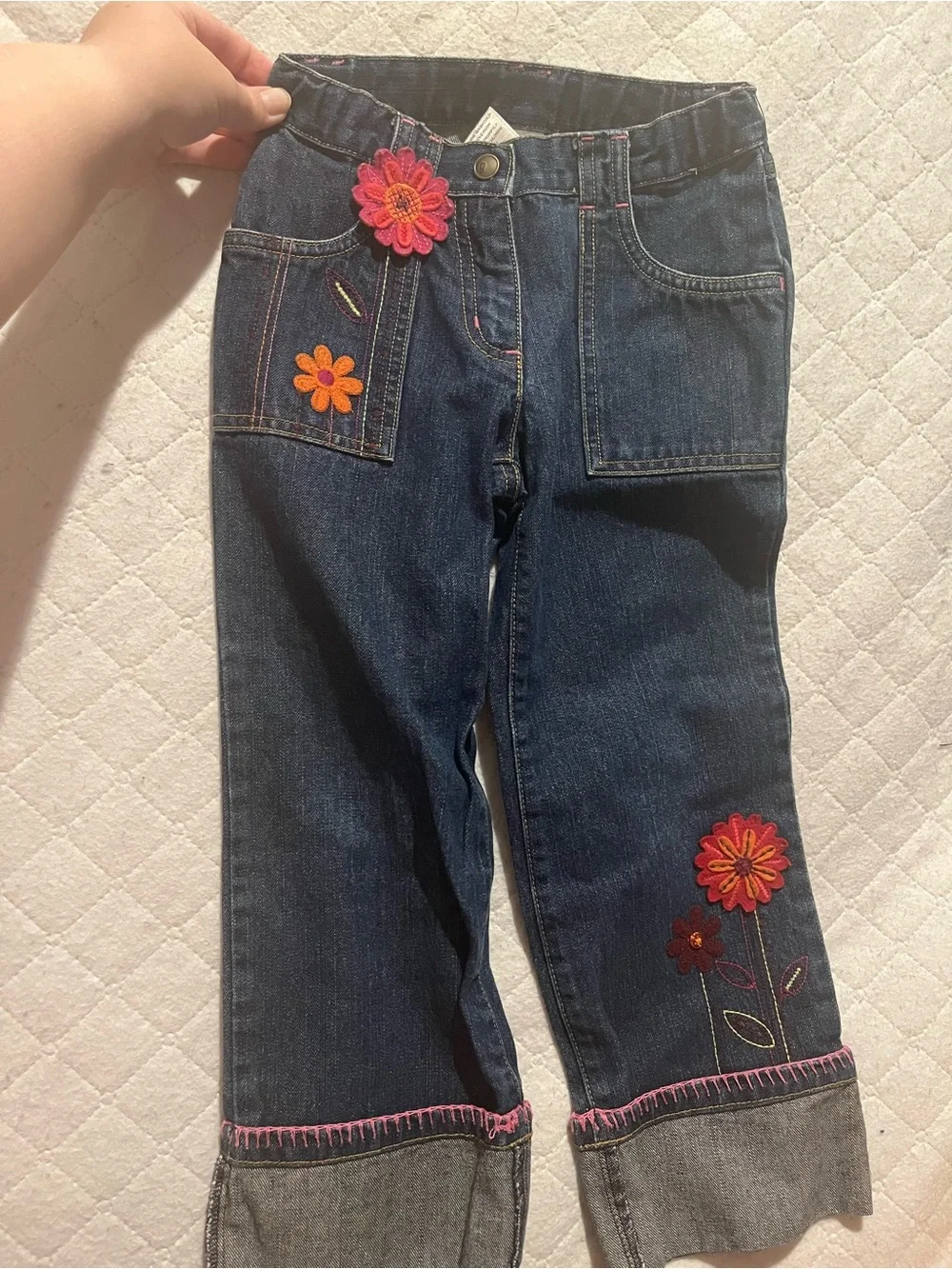 Gymboree Dark Blue Denim Jeans with Pink & Orange Flower Accents